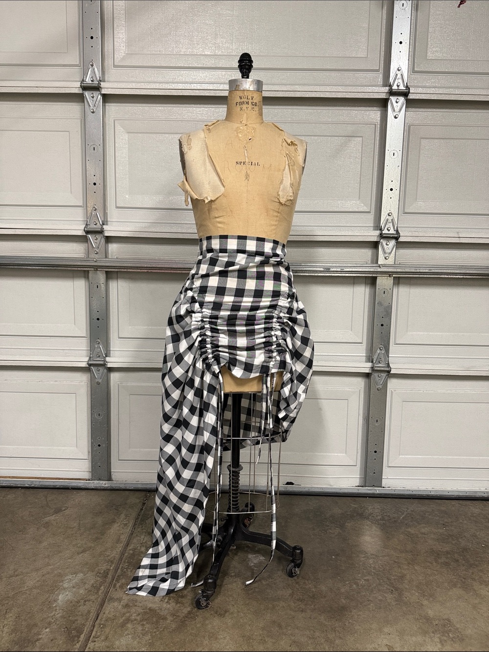 Black & White Checked Ruched Asymmetrical Skirt